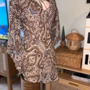 No Boundaries Vintage Y2K Paisley Brown & Blue Bell Sleeve Asymmetrical Dress
